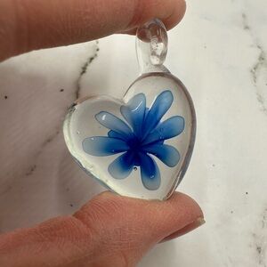 Vintage Glass Puffy Heart Pendant - Clear with Blue Flower